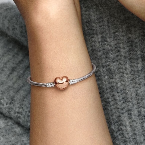 Pandora Moments Heart Clasp Snake Chain Bracelet Size 7.9 Color Silver Rose Gold - Picture 6 of 7